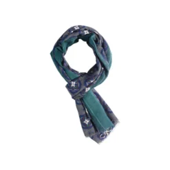 Écharpe Laine Kaki Motif Indigo Et Vert