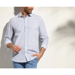 Chemise Blanche Imprimée Fleurs Bleues - Col Français - MATHURIN