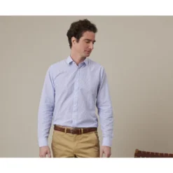 Chemise Coton Et Lin Bleu Océan Et Liseré Blanc - EDIBERT