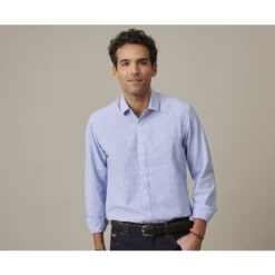 Chemise Coton Et Lin Bleu Et Liseré Blanc - EDIBERT