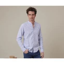 Chemise Coton Lin Bleu Océan Et Blanc - ELIBERT