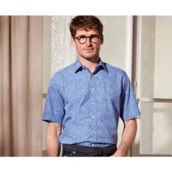 Chemise Coton Bleue Imprimée Fleurs Blanches - FLORANTIN MC