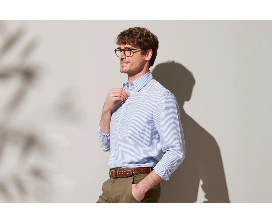 Chemise Coton Lin Rayée Bleue Et Blanche - VALOIRE 5 Chemise Coton Lin Rayée Bleue Et Blanche - VALOIRE – Image 3