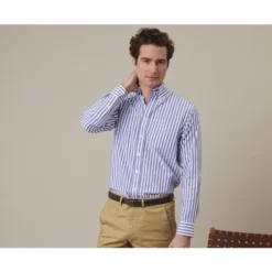 Chemise Manches Longues Coton Et Lin Bleu Océan Et Blanc - COLTEN