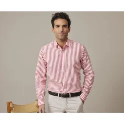 Chemise Coton Lin Rayée Corail Et Blanche - SIMONIN