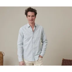 Chemise Coton Lin Rayée Verte Et Blanche - SIMONIN