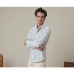 Chemise Coton Lin Rayée Verte Et Blanche - SIMONIN -Magasin De Bexley 015270cw simonin vert et blanc 3