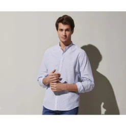 Chemise Seersucker à Rayures Fines Bleues Foncées Et Blanches - COLBERT