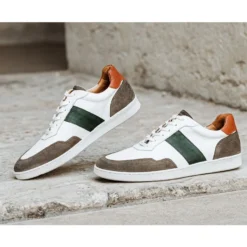 Sneakers Cuir Homme Blanc Taupe Et Vert - BERRINGA -Magasin De Bexley 0155606z berringa cuir blanc taupe et vert 6