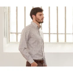 Chemise Beige Twill à Carreaux - Poche Poitrine - BENETTH -Magasin De Bexley 01637023 benetth beige et marron 3