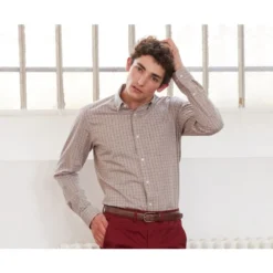 Chemise Flanelle Rouge Camel Et Beige - Poche Poitrine - BERTON