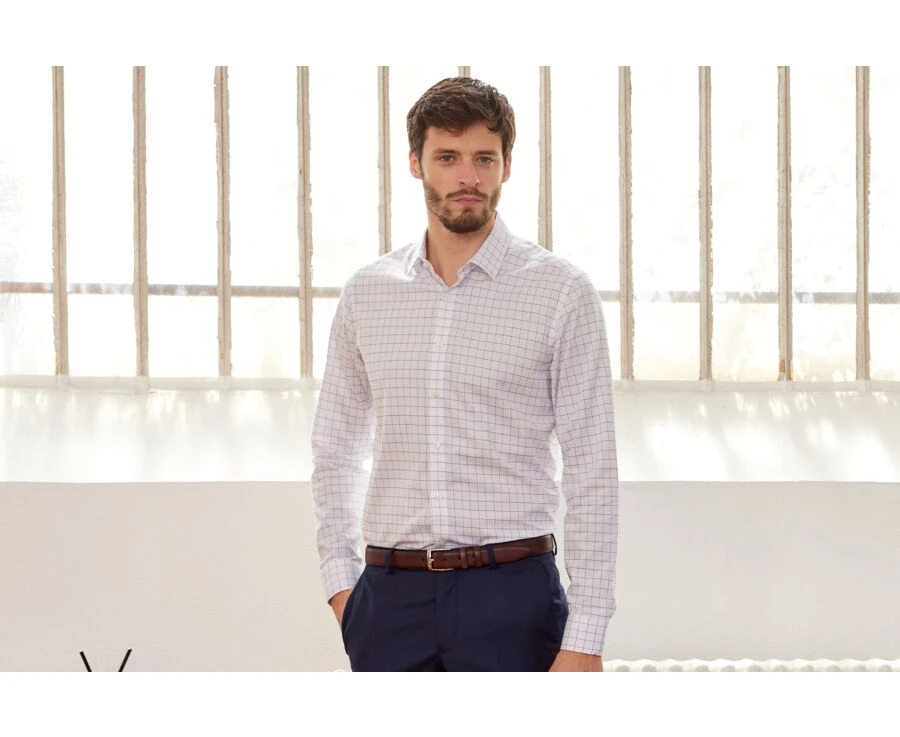 Chemise Blanche Carreaux Bleus - Col Français - SERGIUS 3 Chemise Blanche Carreaux Bleus - Col Français - SERGIUS